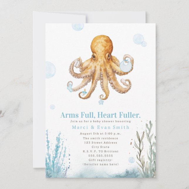 Invitación Dulce de Bebé Marino Niño Brazos Llenos Corazones  (Anverso)
