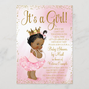 Invitación Dulce de Bebé Princesa Africana Tutu Rosa Dorado p