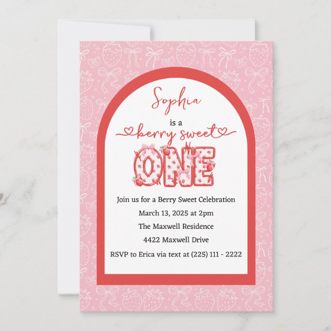Invitación Dulce de Berry Rojo Rosa Un Chica Primer Cumpleaño (Anverso)