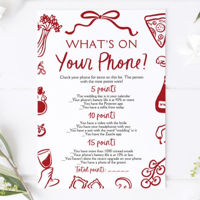 Invitación Dulce de Boda: Juego Italiano "¿Qué Tienes en tu T (Italian What's On Your Phone Bridal Shower Game)