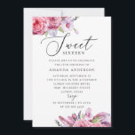 Invitación Dulce de boho rosa 16. Jardín 16º cumpleaños<br><div class="desc">Plumas florales color de agua rosa Invitación dulce de 16 años con guión elegante. Adecuado para la temática botánica del fiesta.</div>
