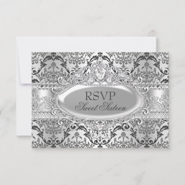 Invitación Dulce de bonito Silver Damask 16 RSVP (Anverso)