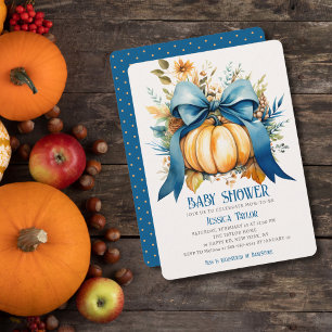Invitación Dulce de Calabaza Azul Listón Niño Hijo Otoño Baby