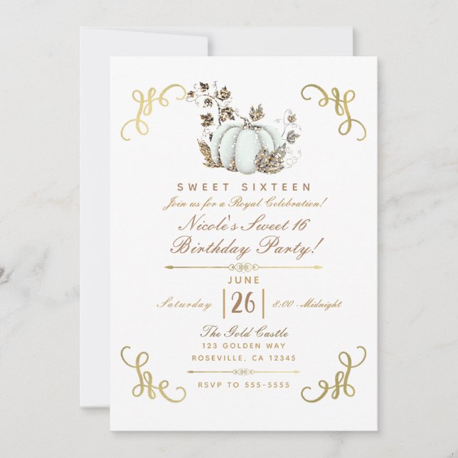 Invitación Dulce de calabaza Purpurina blanco y dorado 16 Fie (Anverso)