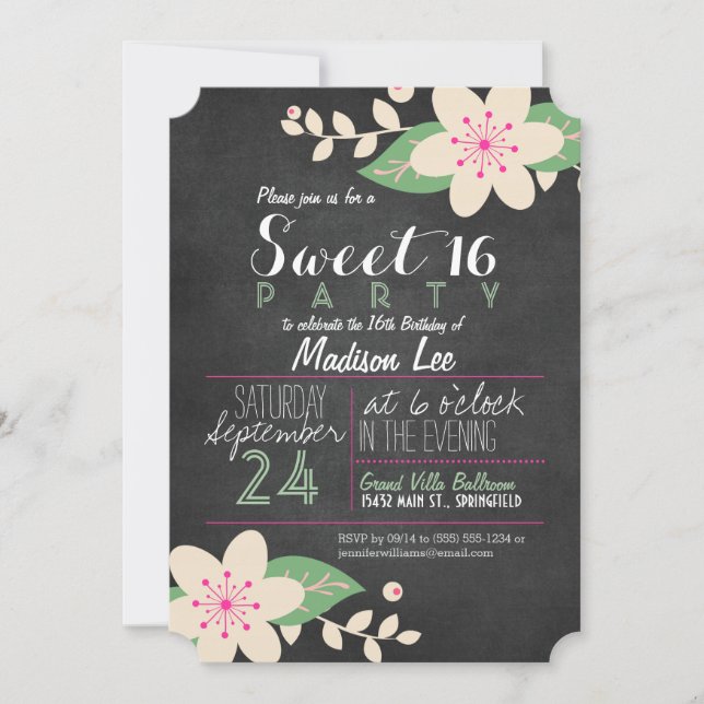 Invitación Dulce de cartón floral verde y rosa 16 Fiesta (Anverso)
