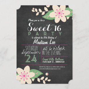 Invitación Dulce de cartón floral verde y rosa 16 Fiesta