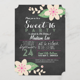 Invitación Dulce de cartón floral verde y rosa 16 Fiesta