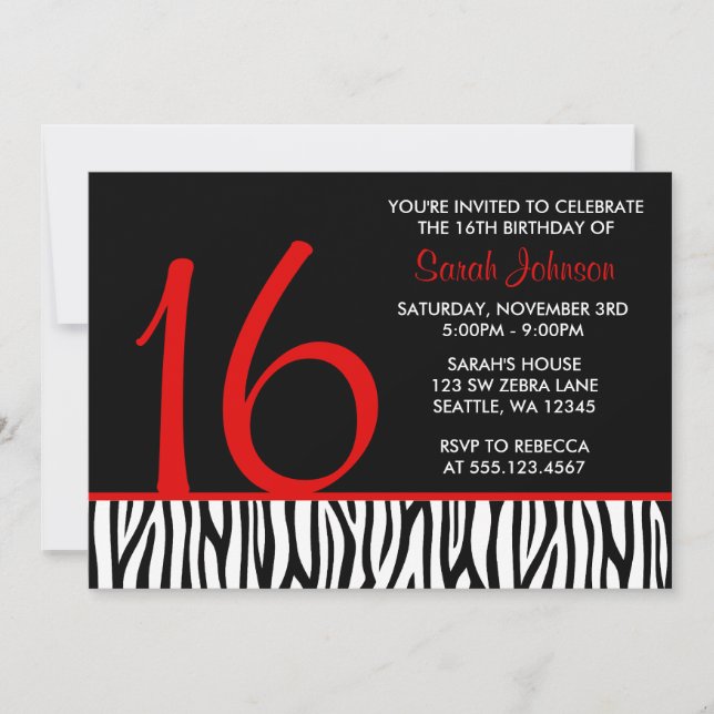 Invitación Dulce de cebra roja y negra 16 cumpleaños número (Anverso)