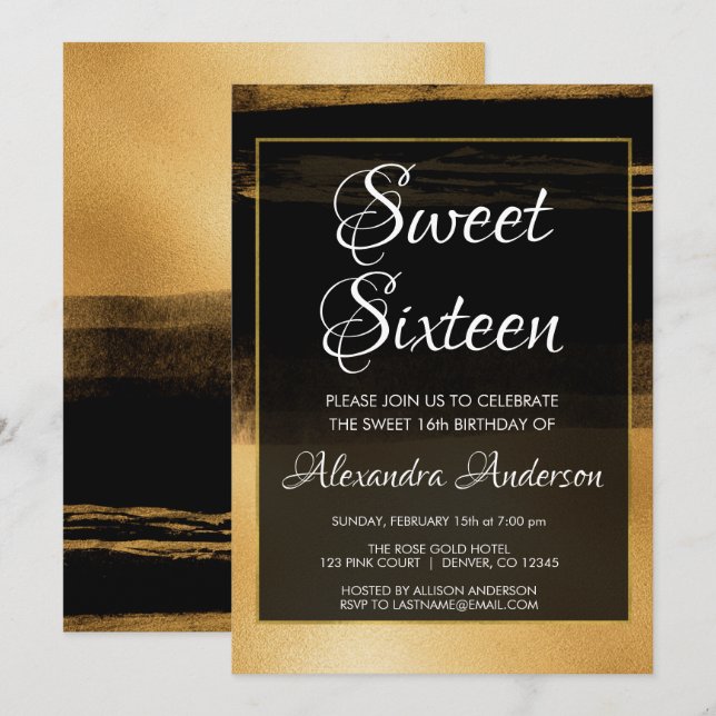 Invitación Dulce de cepillo negro y Relieve metalizado dorado (Anverso / Reverso)