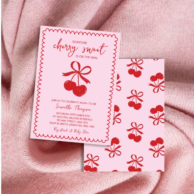 Invitación Dulce de cerezo elegante mano deslumbrada ducha de (Cherry Sweet Elegant Hand Drawn Baby Girl Shower Invitation)