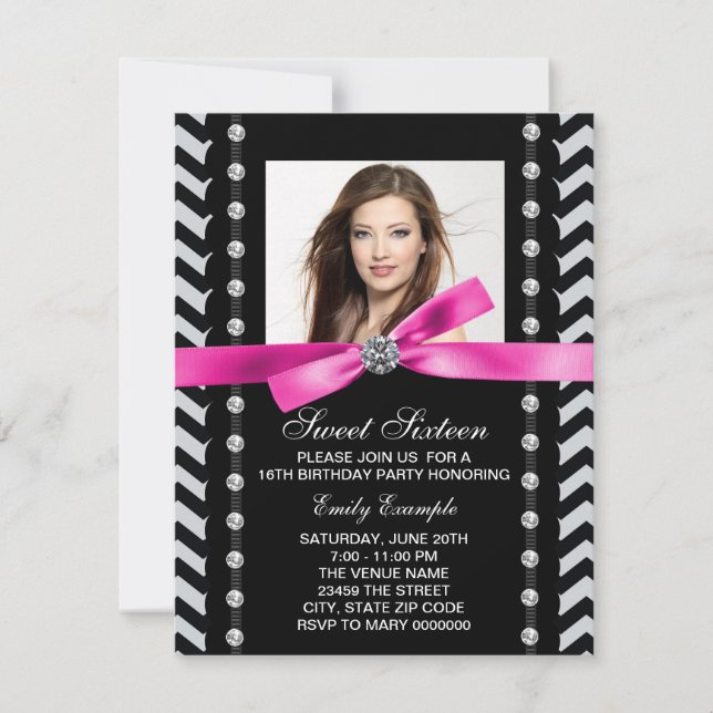 Invitación Dulce de Chevron negro y rosa 16 cumpleaños (Anverso)
