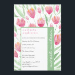 Invitación Dulce de color acuático de tulipano verde rosa 16<br><div class="desc">Esta elegante y moderna invitación a la fiesta de 16 años de verano/primavera es perfecta para un chica moderno y elegante. Tiene flores de tulipán de color beige pintadas a mano, rosa rosa rubor, amarillo dorado y color de agua verde helecho y hojas sobre un simple fondo blanco. Es campo,...</div>