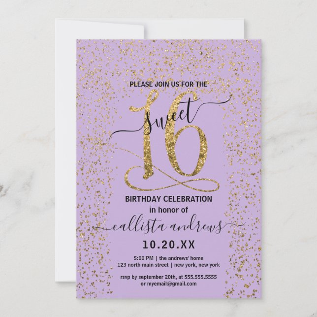 Invitación Dulce de confetti dorado de lavanda de Girly 16 (Anverso)