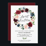 Invitación Dulce de coro floral borgoñoso y azul dieciséis<br><div class="desc">Borgoña y Floral Azul Dulce Dieciséis Invitaciones. Invite a su familia y amigos a su dulce fiesta de 16 con esta invitación femenina y rústica. Esta invitación al personalizable incluye una corona floral acuática de flores azules, burdeos, rojas y rubíes con follaje. Esta invitación floral es perfecta para eventos de...</div>