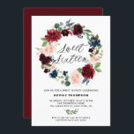 Invitación Dulce de coro floral borgoñoso y azul dieciséis<br><div class="desc">Borgoña y Floral Azul Dulce Dieciséis Invitaciones. Invite a su familia y amigos a su dulce fiesta de 16 con esta invitación femenina y rústica. Esta invitación al personalizable incluye una corona floral acuática de flores azules, burdeos, rojas y rubíes con follaje. Esta invitación floral es perfecta para eventos de...</div>