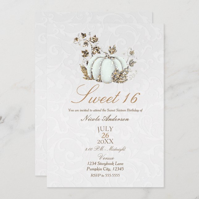Invitación Dulce de cuento de hadas de calabaza blanca de oro (Anverso / Reverso)