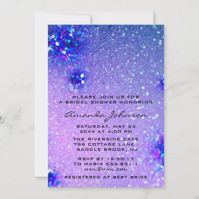 Invitación Dulce de cumpleaños 16 Boda Purpurina holográfico (Anverso)