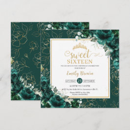 Invitación Dulce de cumpleaños 16 oro de flores verde esmeral