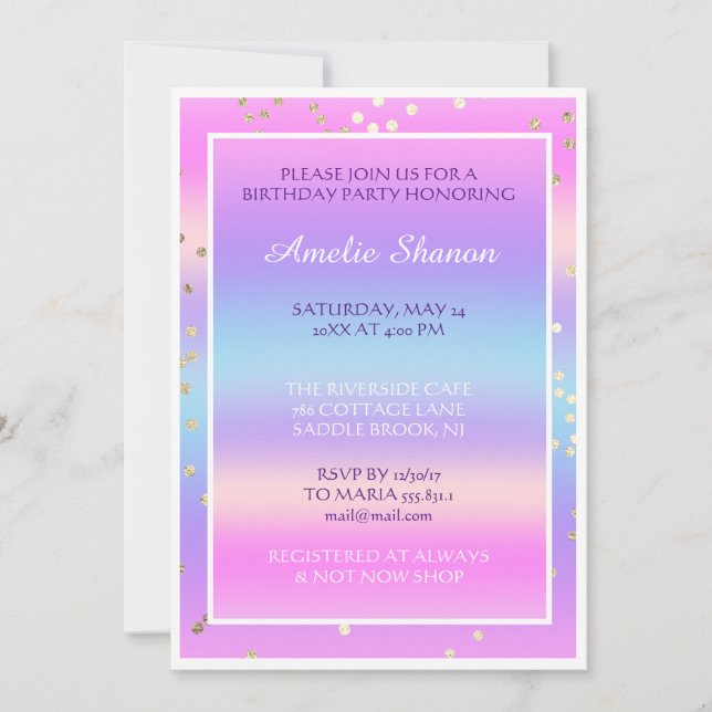 Invitación Dulce de cumpleaños 16Graduado Confetti morado ros (Anverso)