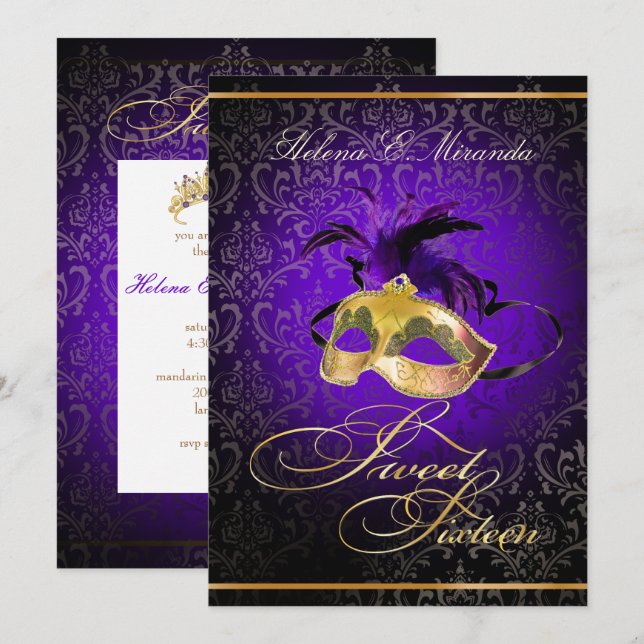 Invitación DULCE DE DAMASCO DE PixDezines 16 PURPLE MASQUERAD (Anverso / Reverso)