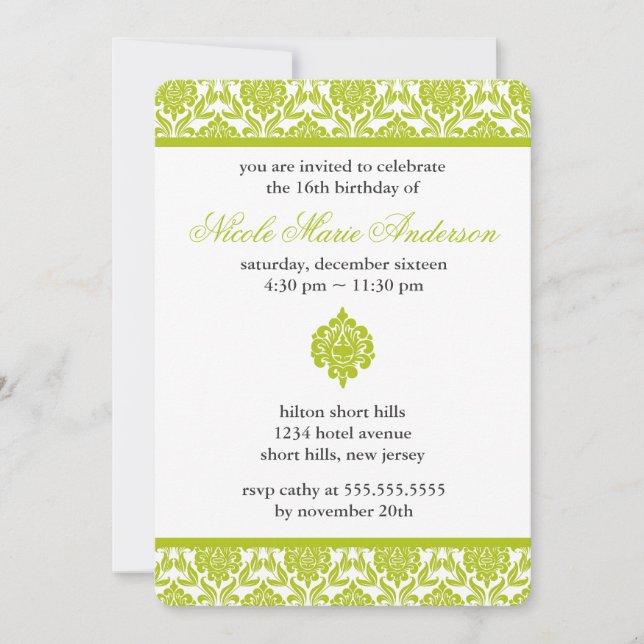 Invitación Dulce de Dámaso Verde Dieciséis Cumpleaños (Anverso)