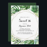 Invitación Dulce de destino geométrico 16 Fiesta de cumpleaño<br><div class="desc">Este destino geométrico,  dulce invitación de 16 cumpleaños,  es perfecto para un cumpleaños tropical. El diseño se compone de palmeras verdes de color agua pintadas a mano y hojas de plátano cuidadosamente dispuestas en bonitos ramos,  adornando un marco geométrico dorado.</div>