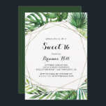 Invitación Dulce de destino geométrico 16 Fiesta de cumpleaño<br><div class="desc">Este destino geométrico,  dulce invitación de 16 cumpleaños,  es perfecto para un cumpleaños tropical. El diseño se compone de palmeras verdes de color agua pintadas a mano y hojas de plátano cuidadosamente dispuestas en bonitos ramos,  adornando un marco geométrico dorado.</div>