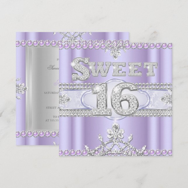 Invitación Dulce de Diamante 16 Dieciséis Fiestas Púrpura Lil (Anverso / Reverso)