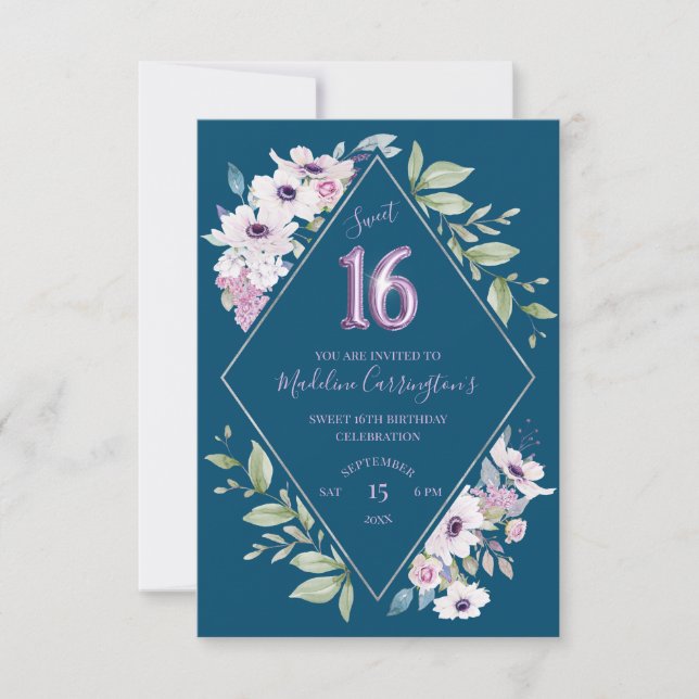 Invitación Dulce de Diamante de Flor Púrpura y Azul 16 cumple (Anverso)