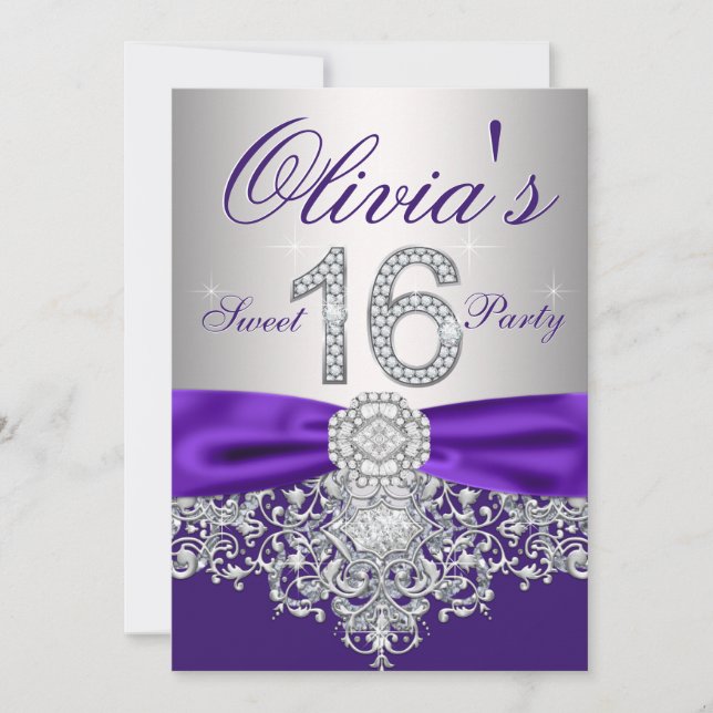 Invitación Dulce de Diamante Morado 16 Fiesta (Anverso)