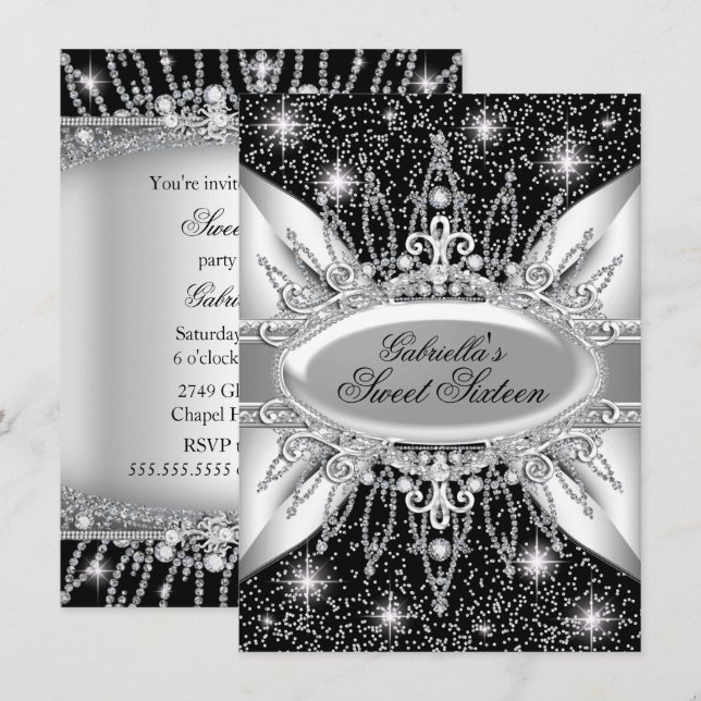Invitación Dulce de diamante negro y plateado 16 Invite (Anverso / Reverso)
