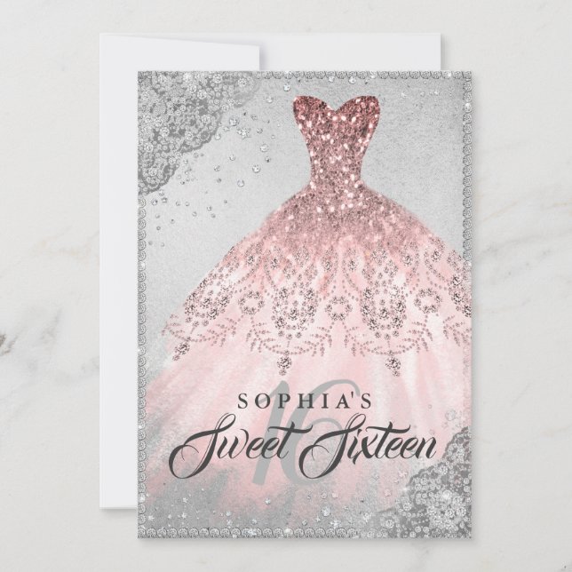 Invitación Dulce de diamante plateado de oro Rosa 16 (Anverso)