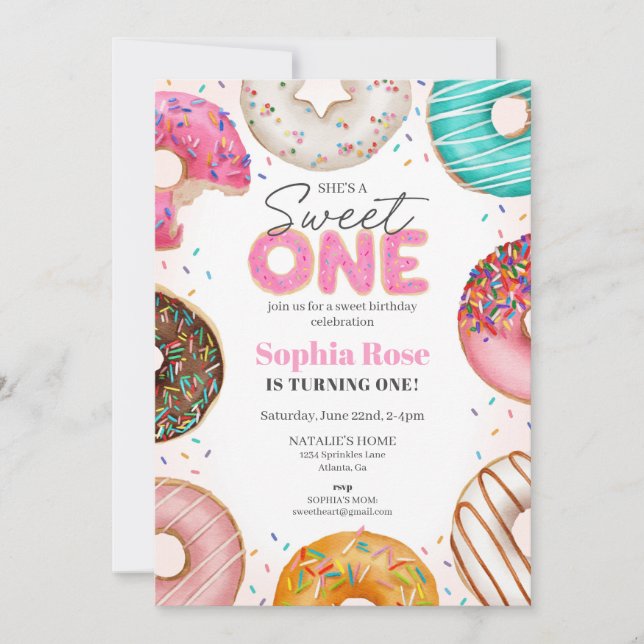 Invitación Dulce de Donut Dulce UNO Fiesta de primer cumpleañ (Anverso)