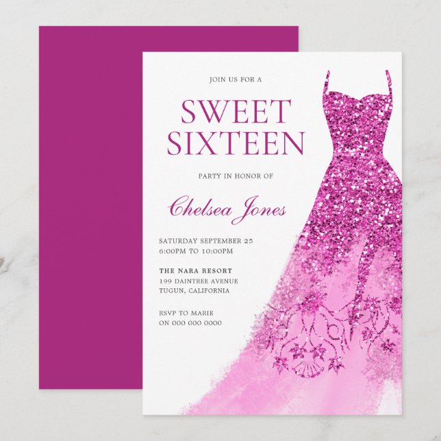 Invitación Dulce de Esparkle Rosa 16 Dieciséis Fiestas (Anverso / Reverso)