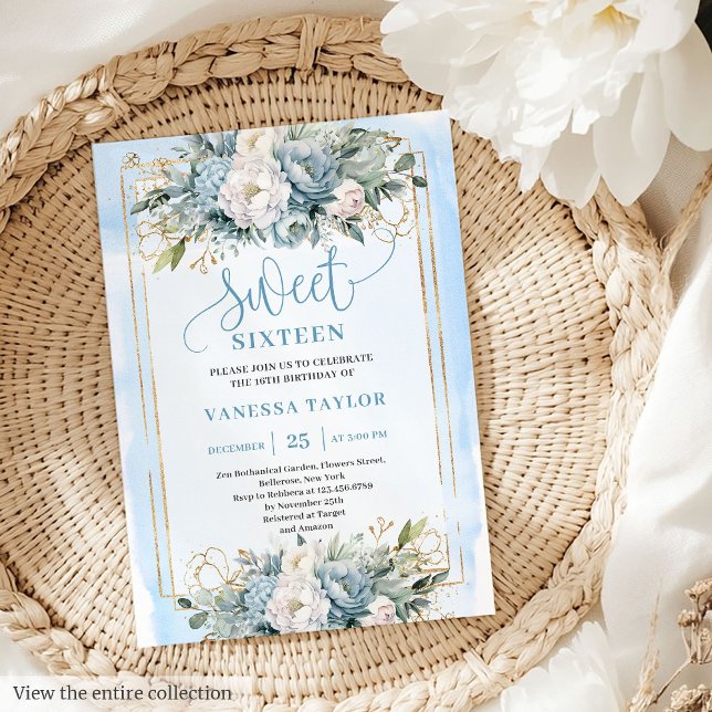 Invitación Dulce de Flor Blanca Azul Pastel Adorable 16 Invit (Adorable Pastel Blue White Floral Sweet 16 Invitation)