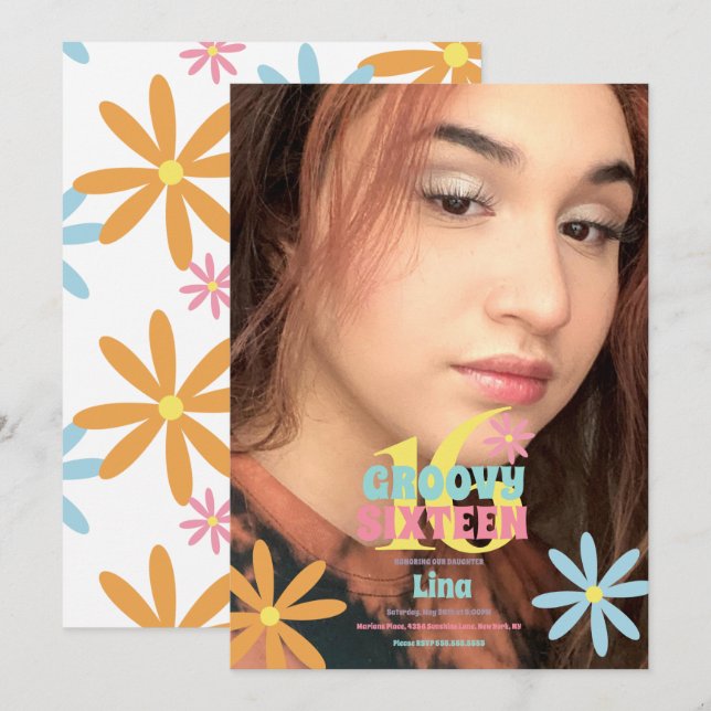Invitación Dulce de Flor Retro 16 Foto de fiesta de cumpleaño (Anverso / Reverso)