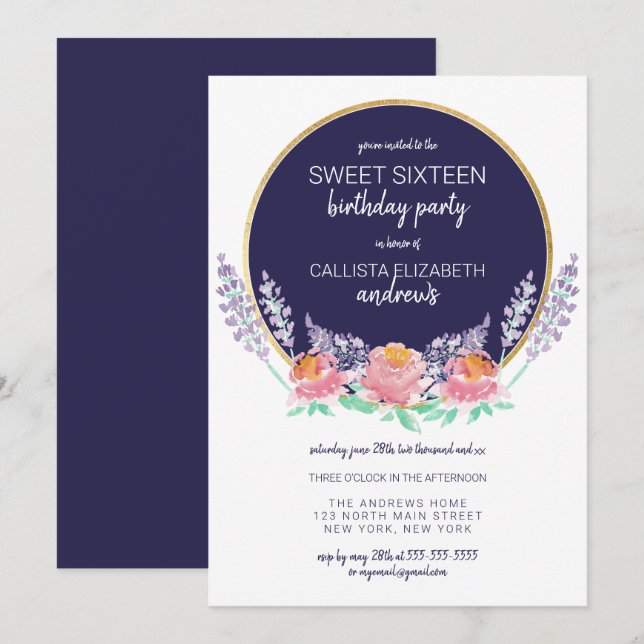 Invitación Dulce de flores silvestres rosadas de Lilac 16 (Anverso / Reverso)