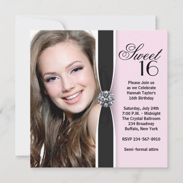 Invitación Dulce de foto negra rosa 16 cumpleaños (Anverso)