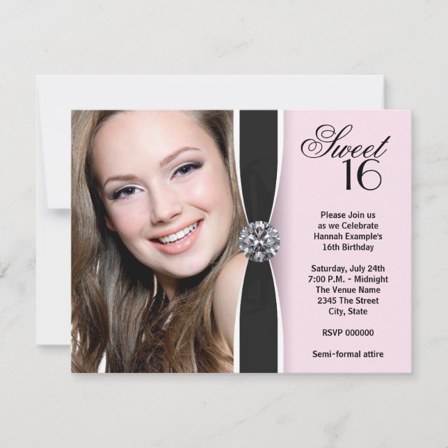 Invitación Dulce de foto negra rosa 16 cumpleaños (Anverso)