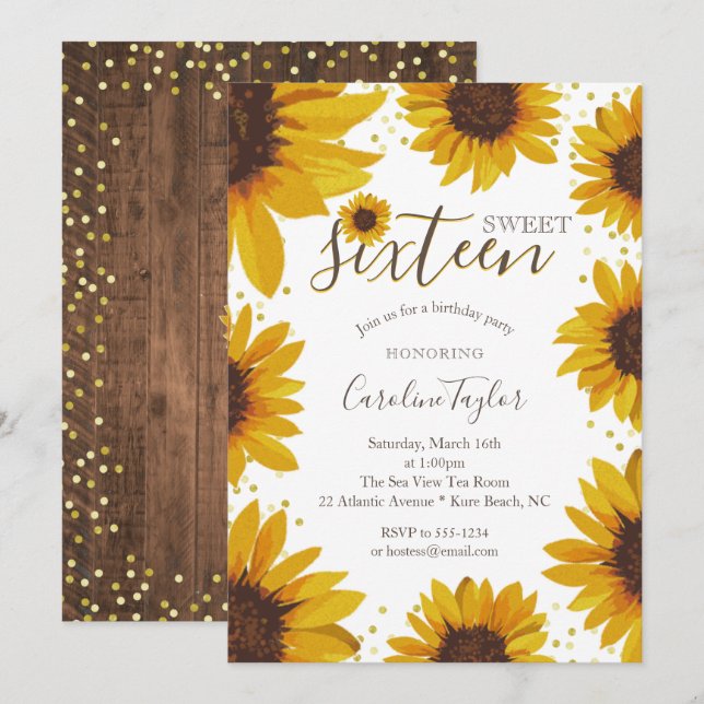 Invitación Dulce de girasol rústico 16 cumpleaños (Anverso / Reverso)