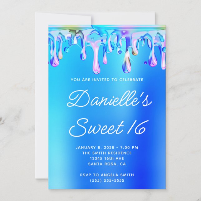 Invitación Dulce de goteo líquido azul y rosa Aqua 16 (Anverso)