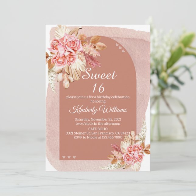Invitación Dulce de hierba de Rubor Boho Pampas 16 cumpleaños (Anverso de pie)