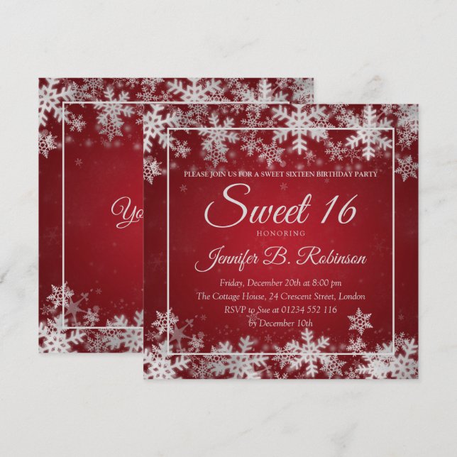 Invitación Dulce de invierno 16 Copos de nieve de plata roja  (Anverso / Reverso)