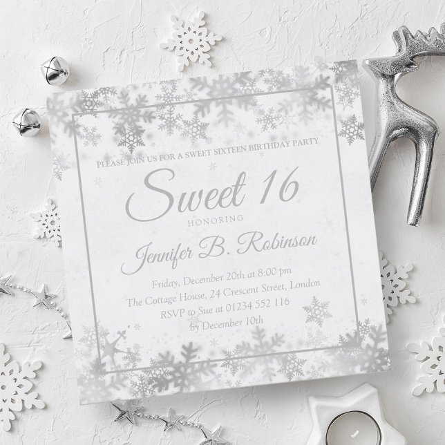 Invitación Dulce de invierno 16 Copos de nieve de Relieve met (Winter Sweet 16 Birthday Silver Foil Snowflakes Invitation)