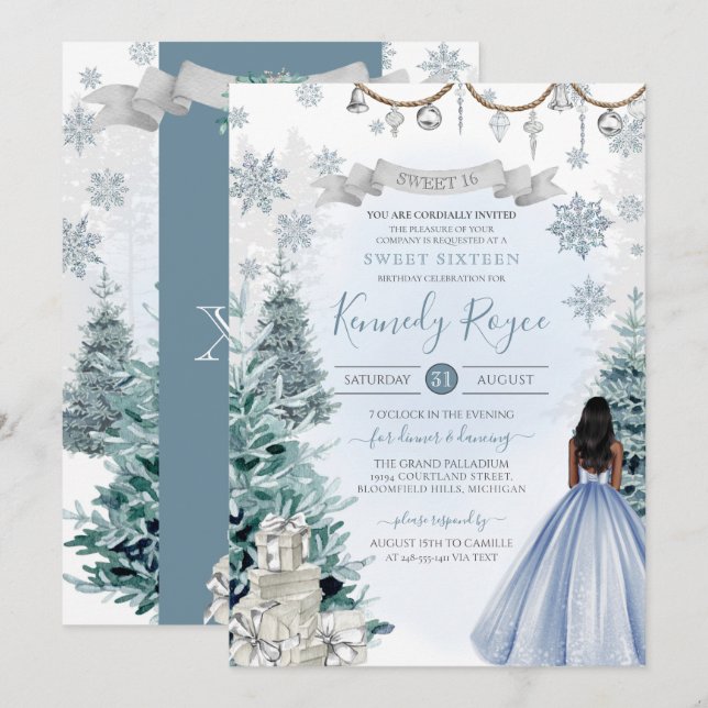 Invitación Dulce de invierno 16 Nieve azul de cumpleaños plat (Anverso / Reverso)