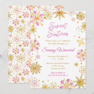 Invitación Dulce de invierno con copos de nieve rosados y dor