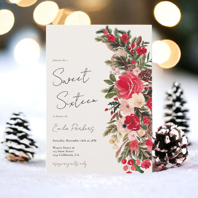 Invitación Dulce de invierno Rústico Rojo Floral 16 (Rustic Red green Floral Winter Sweet 16 Invitation)