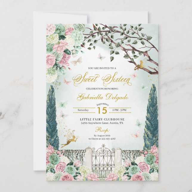 Invitación Dulce de Jardín encantado de hadas de oro rosado 1 (Anverso)