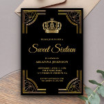 Invitación Dulce de la Corona de Oro Negro Vintage<br><div class="desc">Sorprenda a sus huéspedes con esta dulce invitación de temática real dieciséis, que incluye una elegante frontera dorada ornamentada y una hermosa corona. Simplemente agregue los detalles de su evento en esta plantilla fácil de usar para convertirla en una invitación única. Girar la carta para revelar un hermoso patrón de...</div>