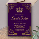 Invitación Dulce de la Corona de Oro Púrpura Vintage Dieciséi<br><div class="desc">Sorprenda a sus huéspedes con esta dulce invitación de temática real dieciséis, que incluye una elegante frontera dorada ornamentada y una hermosa corona. Simplemente agregue los detalles de su evento en esta plantilla fácil de usar para convertirla en una invitación única. Girar la carta para revelar un hermoso patrón de...</div>